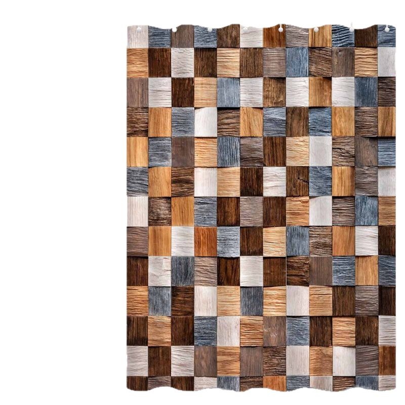 Cortină de duș în stil scandinav minimalist, model geometric cu lemn, poliester, cu cârlige, lavabilă la mașină