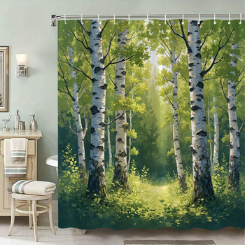 Perdea de duș cu motiv pădure de mesteacăn, material poliester, lavabilă la mașină, design de filtrare a luminii solare, decor natural și liniștit pentru baie