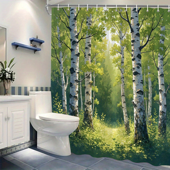 Perdea de duș cu motiv pădure de mesteacăn, material poliester, lavabilă la mașină, design de filtrare a luminii solare, decor natural și liniștit pentru baie