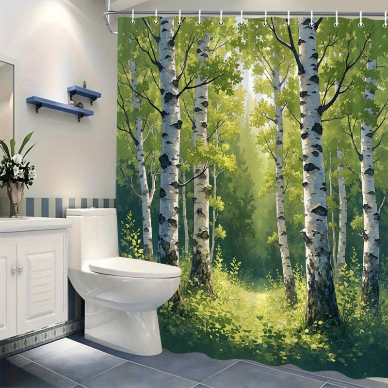 Perdea de duș cu motiv pădure de mesteacăn, material poliester, lavabilă la mașină, design de filtrare a luminii solare, decor natural și liniștit pentru baie