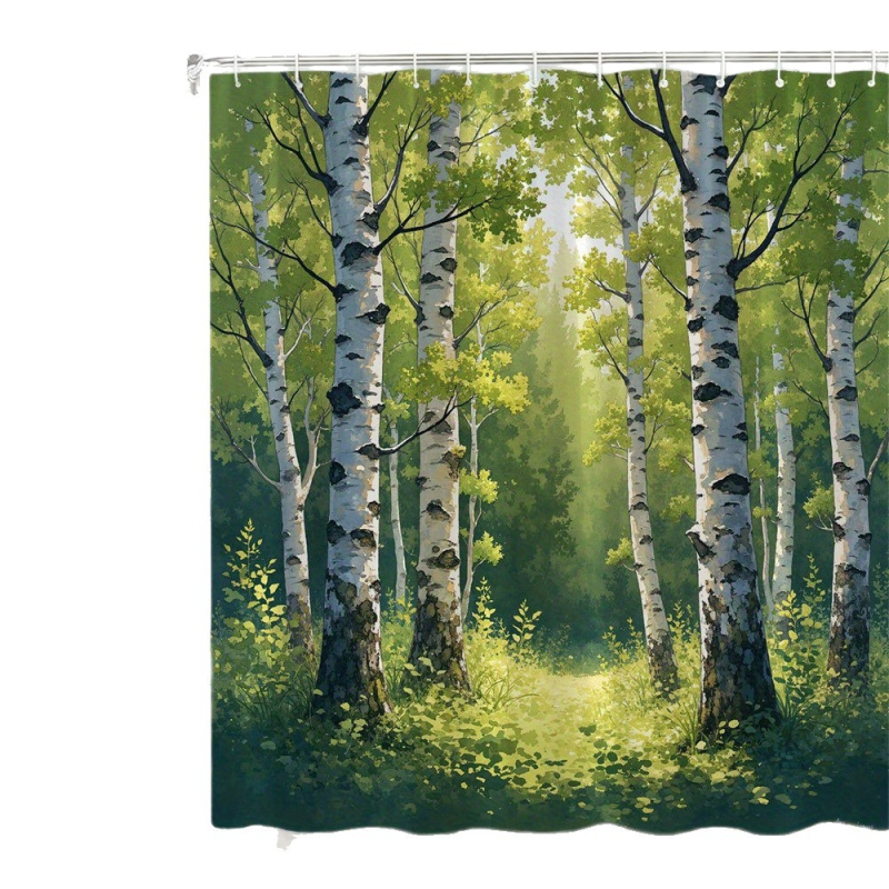 Perdea de duș cu motiv pădure de mesteacăn, material poliester, lavabilă la mașină, design de filtrare a luminii solare, decor natural și liniștit pentru baie