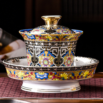 Gaiwan sancai emailat – ceramică pentru ceai, ceremonie Gongfu, ceșcuță cu separator