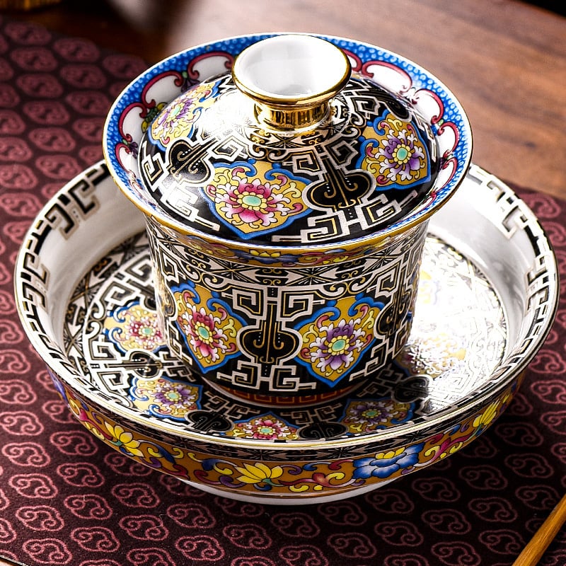 Gaiwan sancai emailat – ceramică pentru ceai, ceremonie Gongfu, ceșcuță cu separator