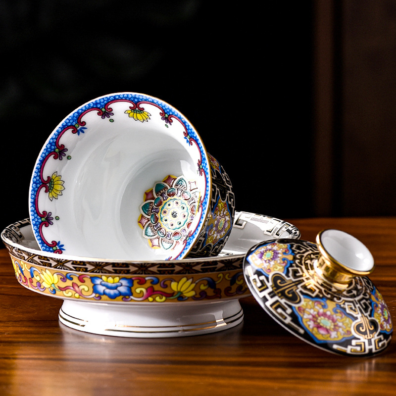 Gaiwan sancai emailat – ceramică pentru ceai, ceremonie Gongfu, ceșcuță cu separator