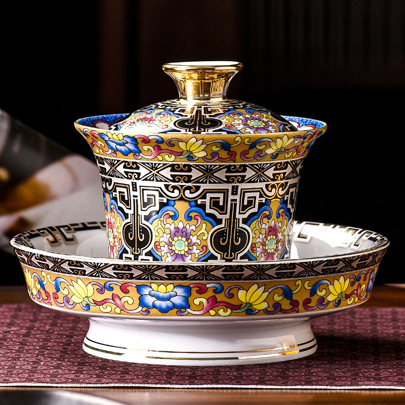 Gaiwan sancai emailat – ceramică pentru ceai, ceremonie Gongfu, ceșcuță cu separator