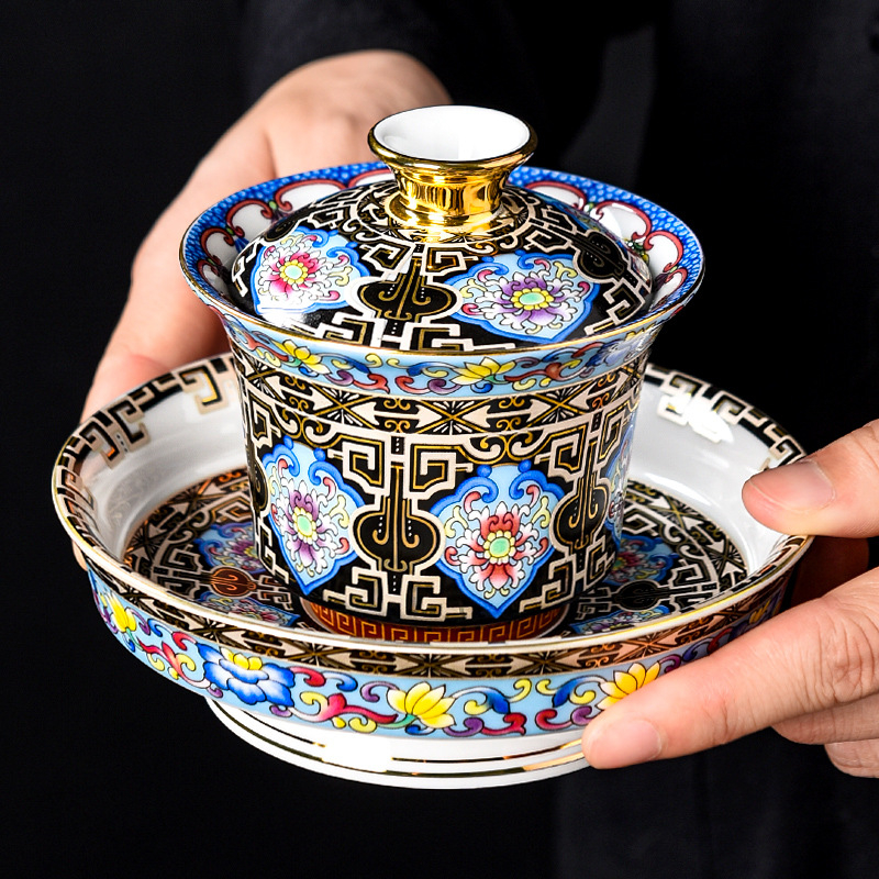 Gaiwan sancai emailat – ceramică pentru ceai, ceremonie Gongfu, ceșcuță cu separator