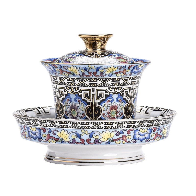 Gaiwan sancai emailat – ceramică pentru ceai, ceremonie Gongfu, ceșcuță cu separator