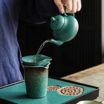 Set de ceai ceramic mare, în stil japonez, glazură la cuptor, culoare turcoaz-verde, pentru uz casnic