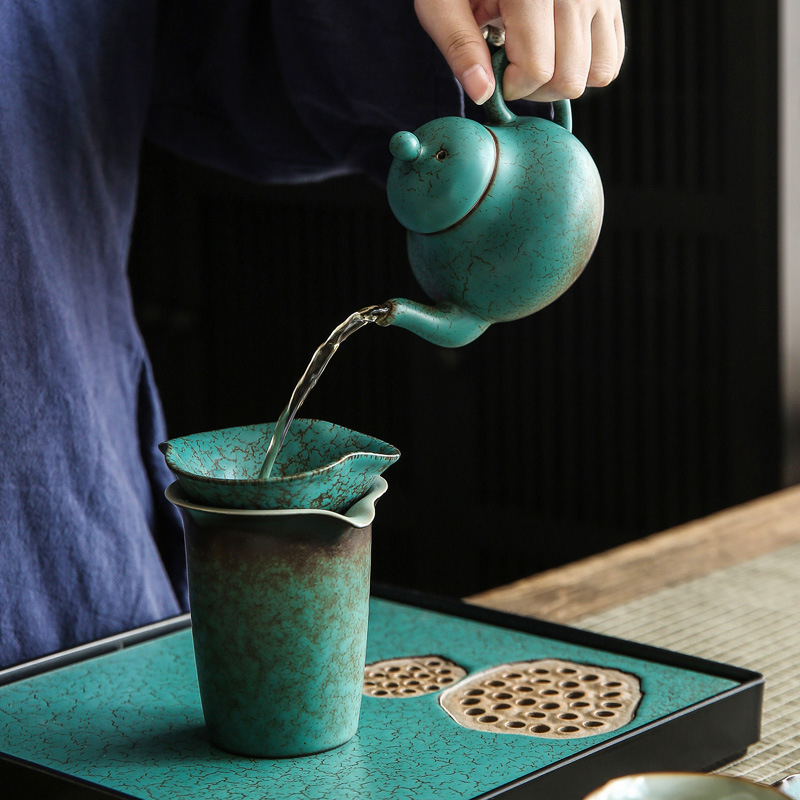 Set de ceai ceramic mare, în stil japonez, glazură la cuptor, culoare turcoaz-verde, pentru uz casnic