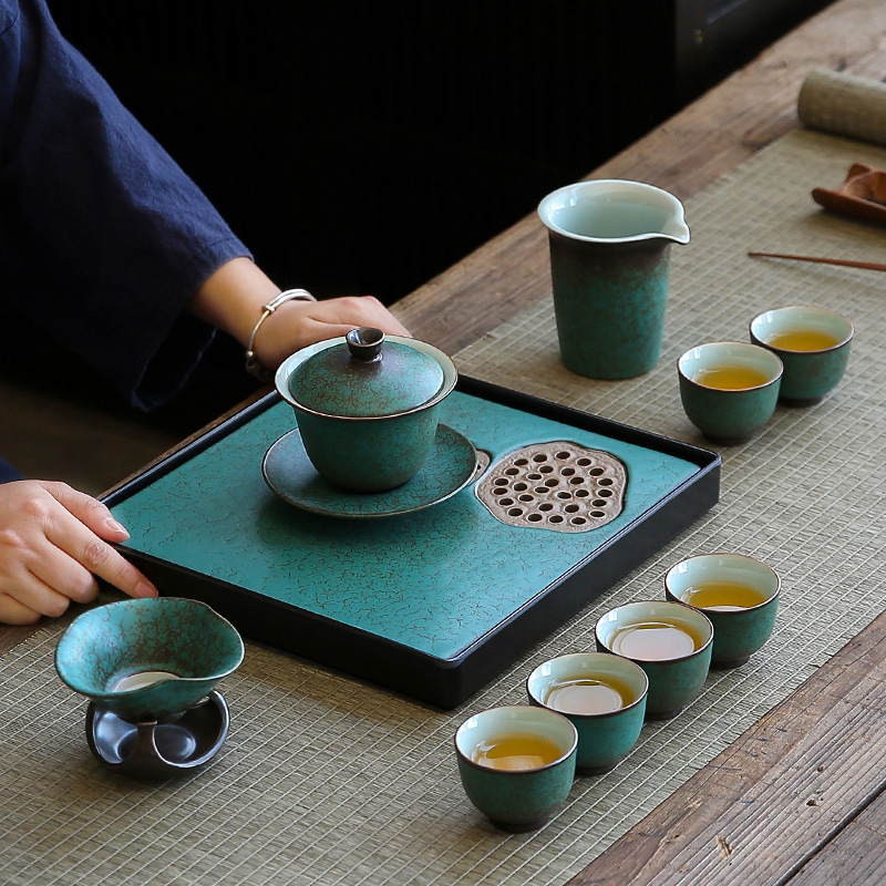 Set de ceai ceramic mare, în stil japonez, glazură la cuptor, culoare turcoaz-verde, pentru uz casnic