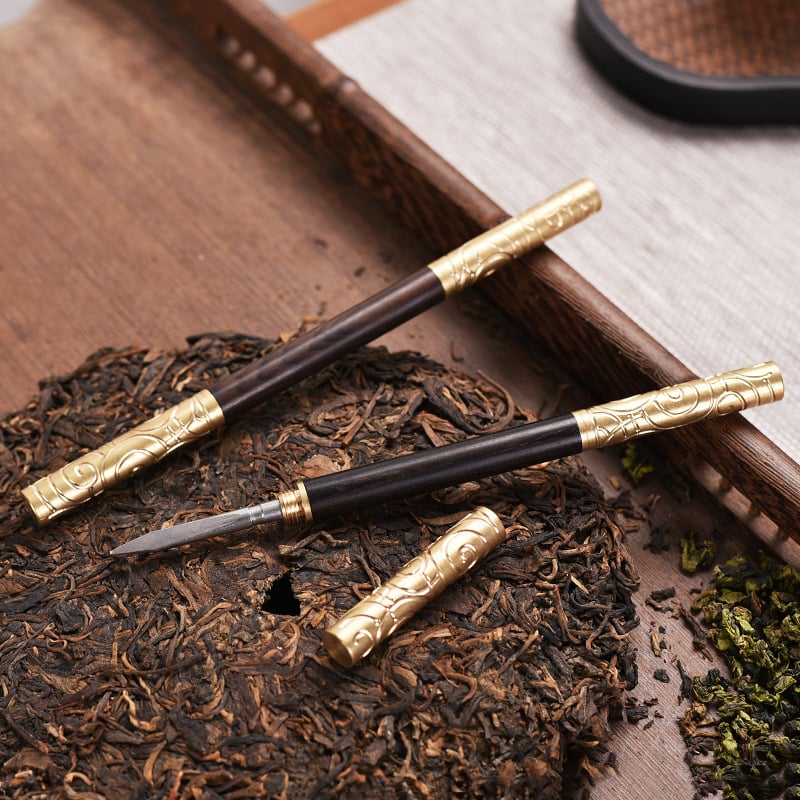 Set de cuțite și ace pentru ceai din Rosewood și Purple Sandalwood cu Golden Hoop Stick — Accesorii pentru ceremonia ceaiului, con de ceai