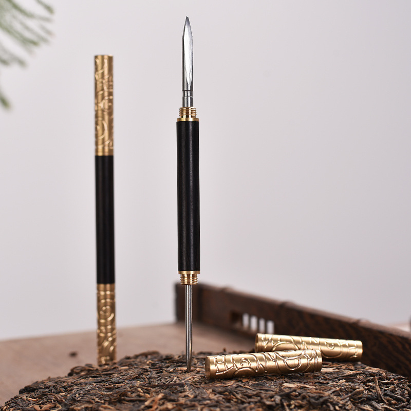 Set de cuțite și ace pentru ceai din Rosewood și Purple Sandalwood cu Golden Hoop Stick — Accesorii pentru ceremonia ceaiului, con de ceai