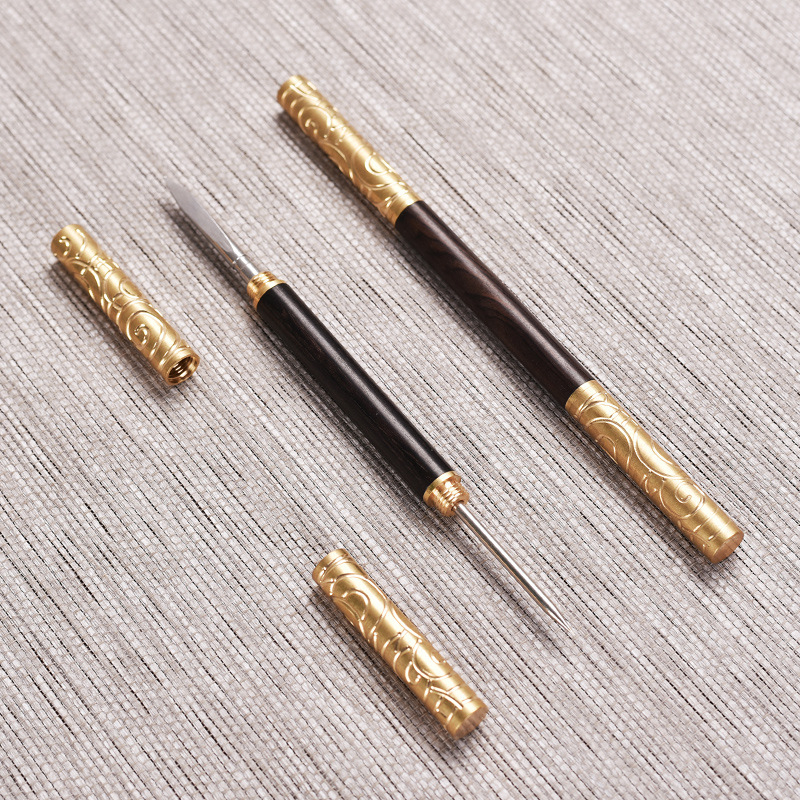 Set de cuțite și ace pentru ceai din Rosewood și Purple Sandalwood cu Golden Hoop Stick — Accesorii pentru ceremonia ceaiului, con de ceai