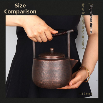 Ceainic din cupru cu capacitate mare pentru fierberea apei și infuzarea ceaiului, vas din cupru lucrat manual, stil chinezesc retro, cu mâner superior