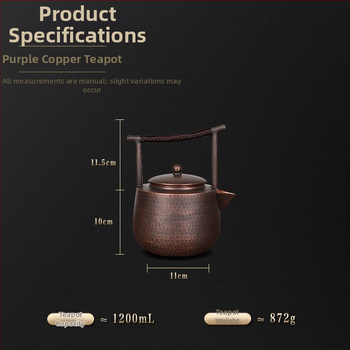 Ceainic din cupru cu capacitate mare pentru fierberea apei și infuzarea ceaiului, vas din cupru lucrat manual, stil chinezesc retro, cu mâner superior