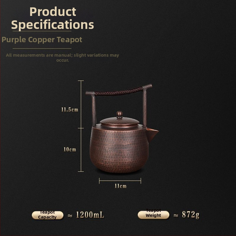 Ceainic din cupru cu capacitate mare pentru fierberea apei și infuzarea ceaiului, vas din cupru lucrat manual, stil chinezesc retro, cu mâner superior
