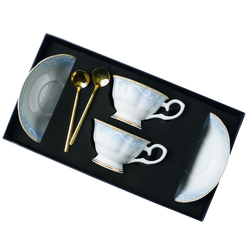 Set de cești de cafea și farfurioare din porțelan cu os, relief și gradient, stil britanic vintage pentru ceaiul de după-amiază, cutie cadou