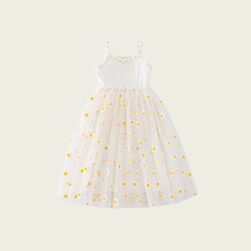 Rochie pentru fete din plasă florală cu margarete, bretele subțiri, stil prințesă pentru plajă, vară 2026