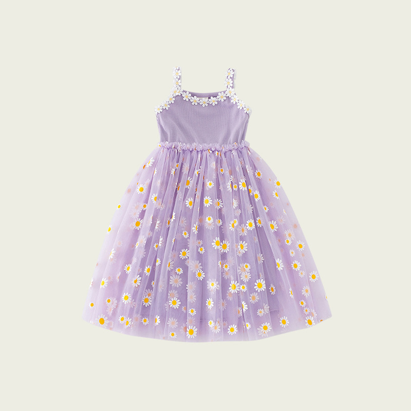 Rochie pentru fete din plasă florală cu margarete, bretele subțiri, stil prințesă pentru plajă, vară 2026