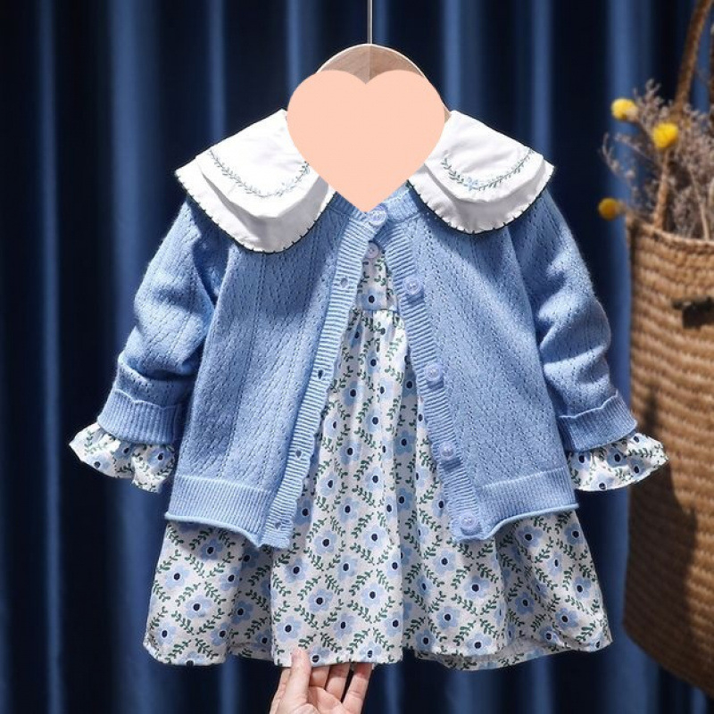 Set două piese pentru fete: rochie florală și cardigan tricotat