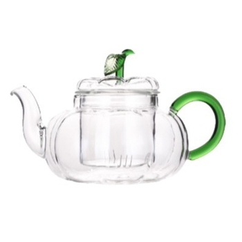 Ceainic din sticlă rezistent la temperaturi, în formă de dovleac cu frunze verzi, cu filtru, pentru ceai de plante, transparent