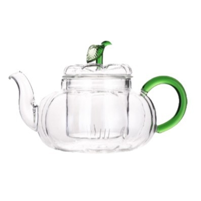 Ceainic din sticlă rezistent la temperaturi, în formă de dovleac cu frunze verzi, cu filtru, pentru ceai de plante, transparent