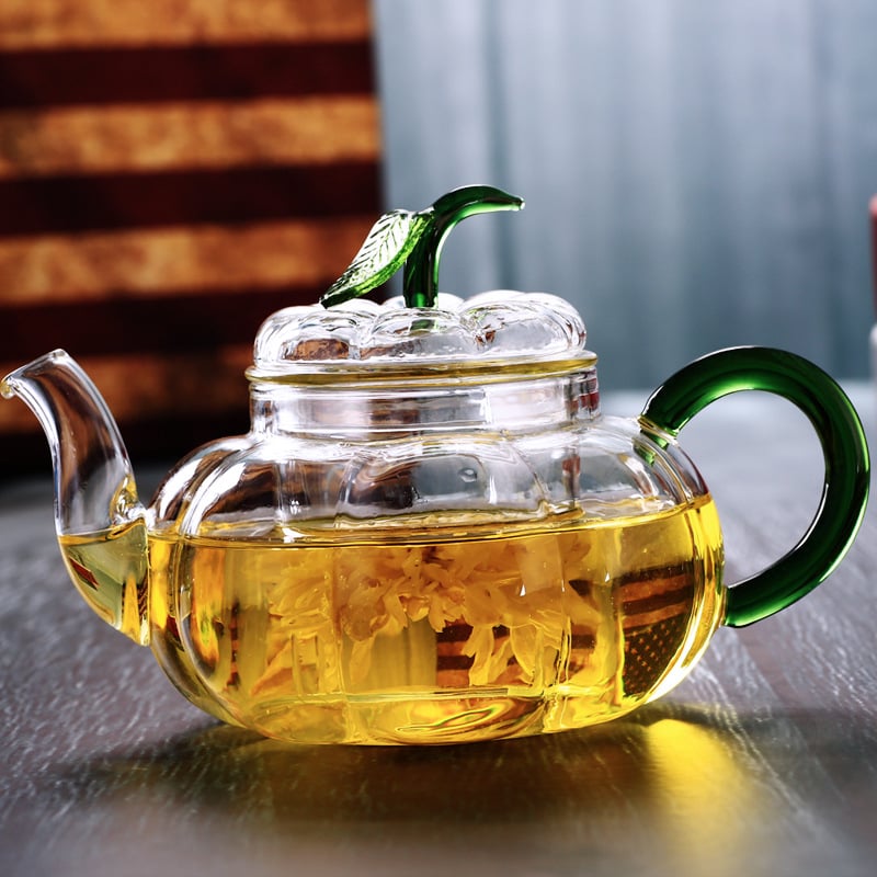 Ceainic din sticlă rezistent la temperaturi, în formă de dovleac cu frunze verzi, cu filtru, pentru ceai de plante, transparent