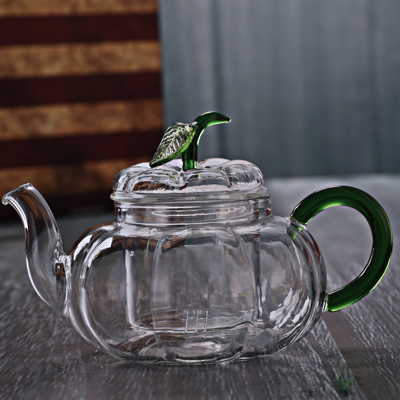 Ceainic din sticlă rezistent la temperaturi, în formă de dovleac cu frunze verzi, cu filtru, pentru ceai de plante, transparent