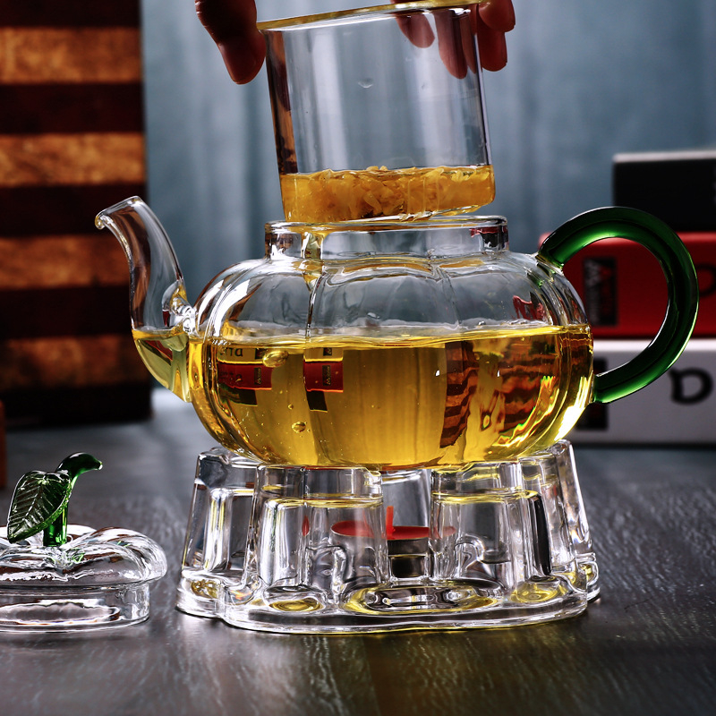 Ceainic din sticlă rezistent la temperaturi, în formă de dovleac cu frunze verzi, cu filtru, pentru ceai de plante, transparent