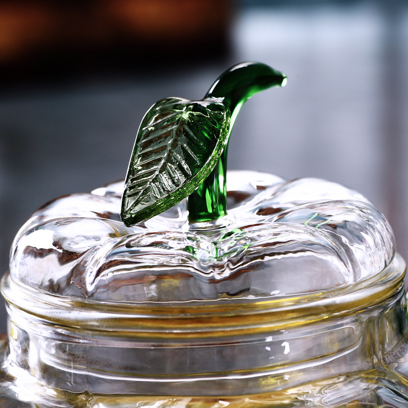 Ceainic din sticlă rezistent la temperaturi, în formă de dovleac cu frunze verzi, cu filtru, pentru ceai de plante, transparent