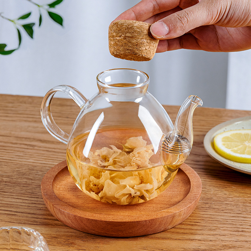 Ceainic cu capac din dop de plută, mâner lateral rezistent la temperaturi înalte, sticlă borosilicată de înaltă calitate, design simplu, îngroșat, pentru plita ceramică electrică