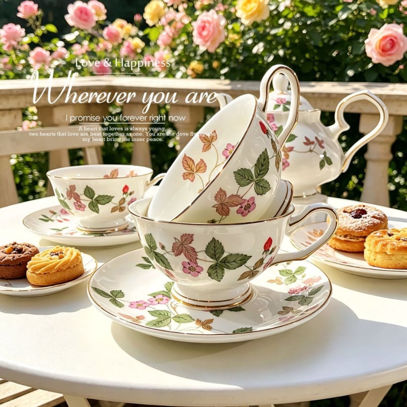Set cafea din porțelan de oase cu model căpșuni sălbatice, stil european, set elegant pentru ceaiul de după-amiază