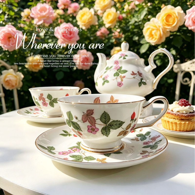 Set cafea din porțelan de oase cu model căpșuni sălbatice, stil european, set elegant pentru ceaiul de după-amiază