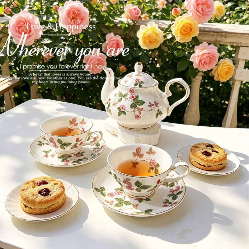 Set cafea din porțelan de oase cu model căpșuni sălbatice, stil european, set elegant pentru ceaiul de după-amiază