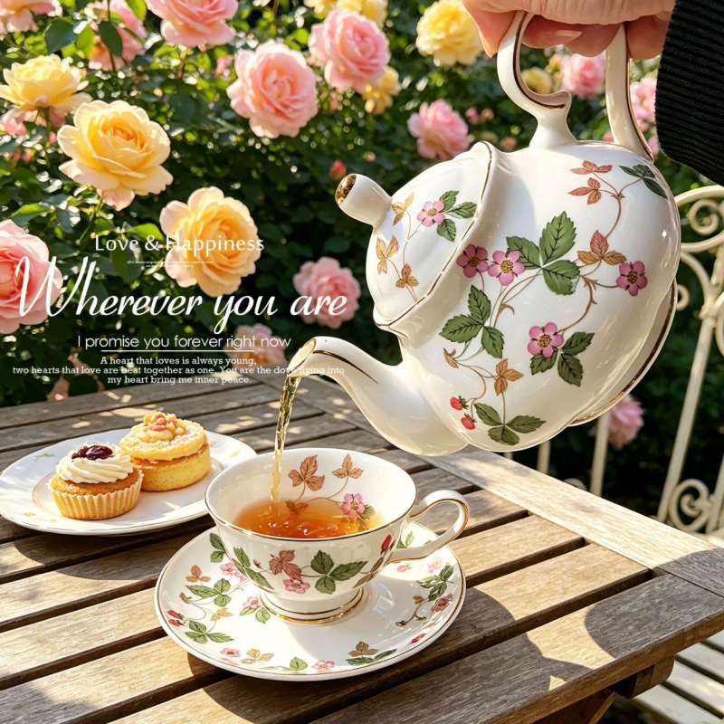 Set cafea din porțelan de oase cu model căpșuni sălbatice, stil european, set elegant pentru ceaiul de după-amiază