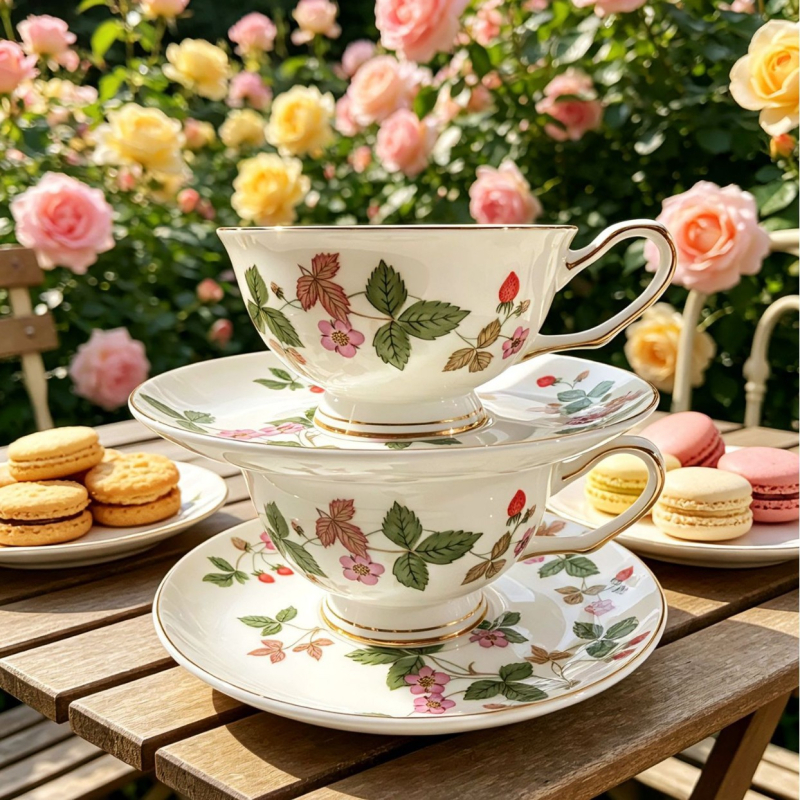 Set cafea din porțelan de oase cu model căpșuni sălbatice, stil european, set elegant pentru ceaiul de după-amiază