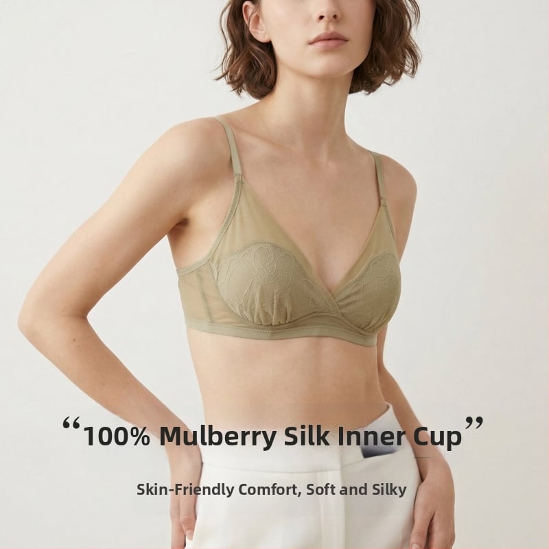 Tangge Sutien din mătase franțuzească primăvară-vară, cupe triunghiulare, dantelă, mătase Mulberry, cupe cu urechi de iepure, design luxos