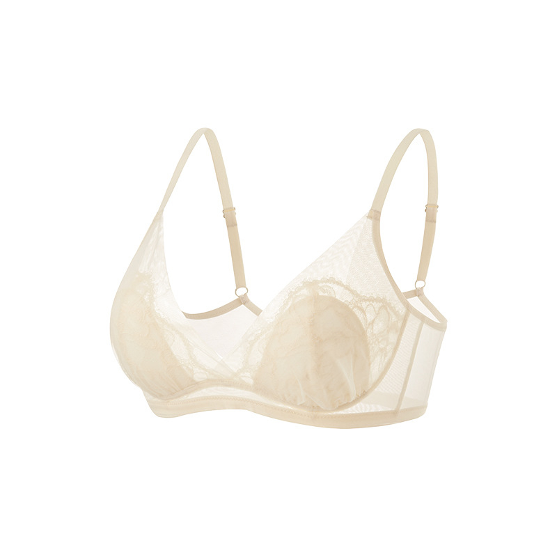 Tangge Sutien din mătase franțuzească primăvară-vară, cupe triunghiulare, dantelă, mătase Mulberry, cupe cu urechi de iepure, design luxos