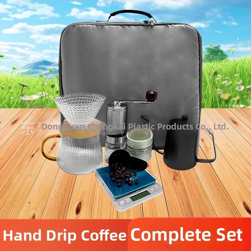Set portabil de cafea pentru exterior cu ceainic pentru turnare manuală și mecanism cu manivelă, 8 piese