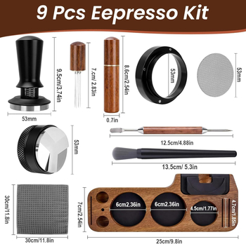 Set universal de tampere pentru cafea cu mâner din lemn de nuc și accesorii