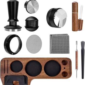Set universal de tampere pentru cafea cu mâner din lemn de nuc și accesorii