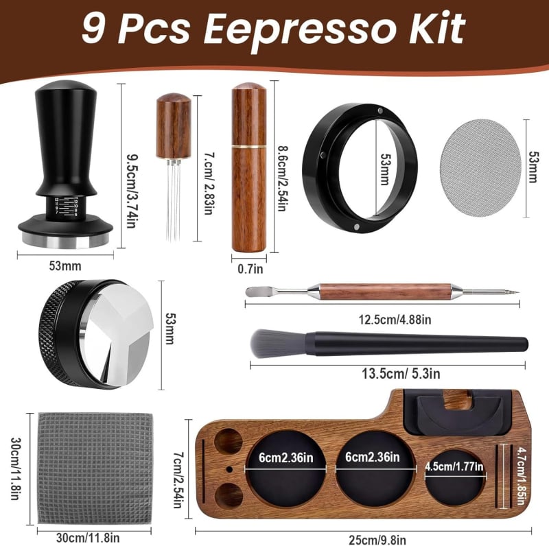 Set universal de tampere pentru cafea cu mâner din lemn de nuc și accesorii