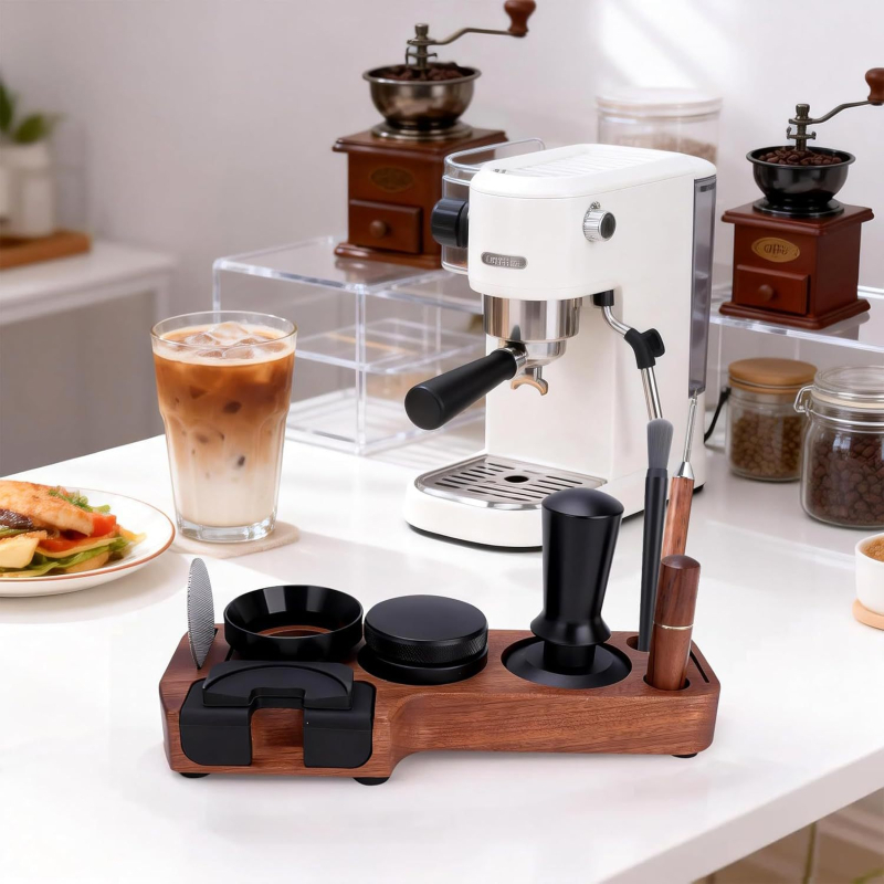 Set universal de tampere pentru cafea cu mâner din lemn de nuc și accesorii