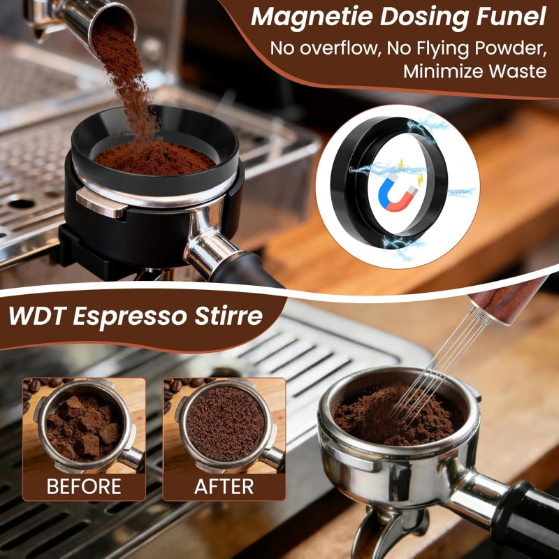 Set universal de tampere pentru cafea cu mâner din lemn de nuc și accesorii
