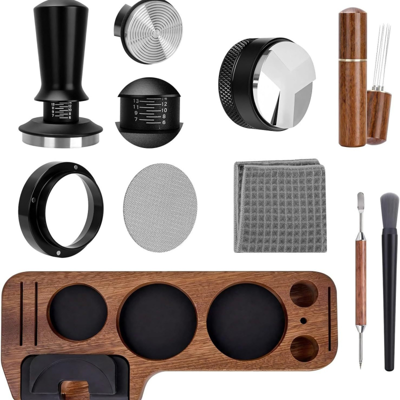 Set universal de tampere pentru cafea cu mâner din lemn de nuc și accesorii