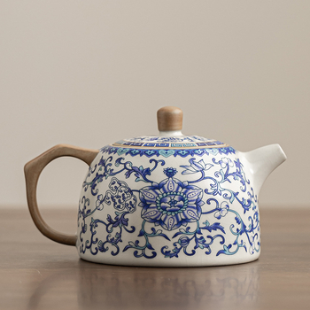 Ceainic Ru kiln în stil antic, pentru casă și birou, motiv lotus albastru și alb, glazură craquelé, set de ceai din porțelan Ru