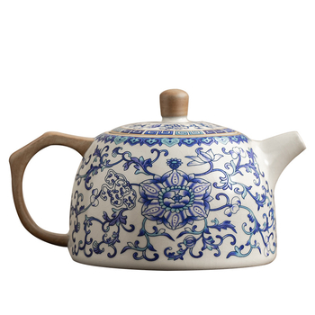 Ceainic Ru kiln în stil antic, pentru casă și birou, motiv lotus albastru și alb, glazură craquelé, set de ceai din porțelan Ru
