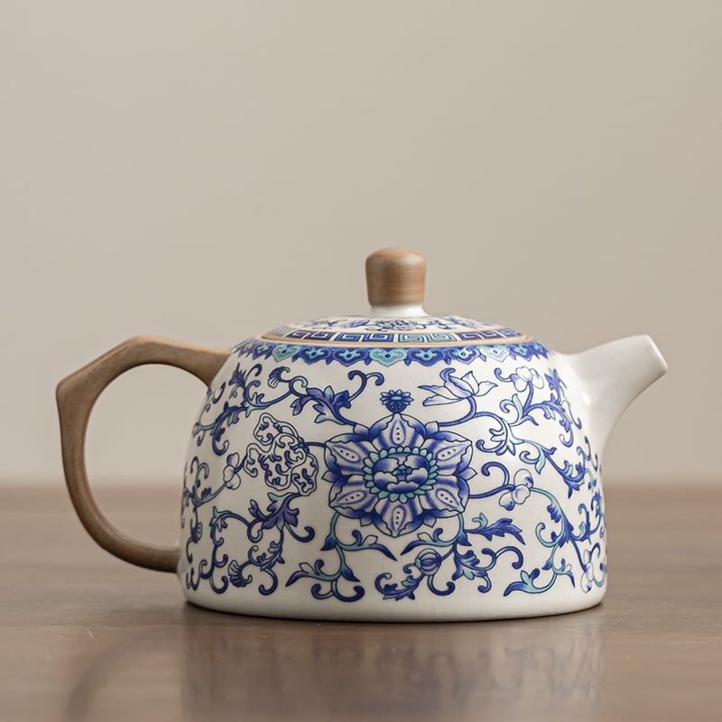 Ceainic Ru kiln în stil antic, pentru casă și birou, motiv lotus albastru și alb, glazură craquelé, set de ceai din porțelan Ru