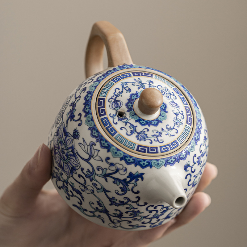 Ceainic Ru kiln în stil antic, pentru casă și birou, motiv lotus albastru și alb, glazură craquelé, set de ceai din porțelan Ru