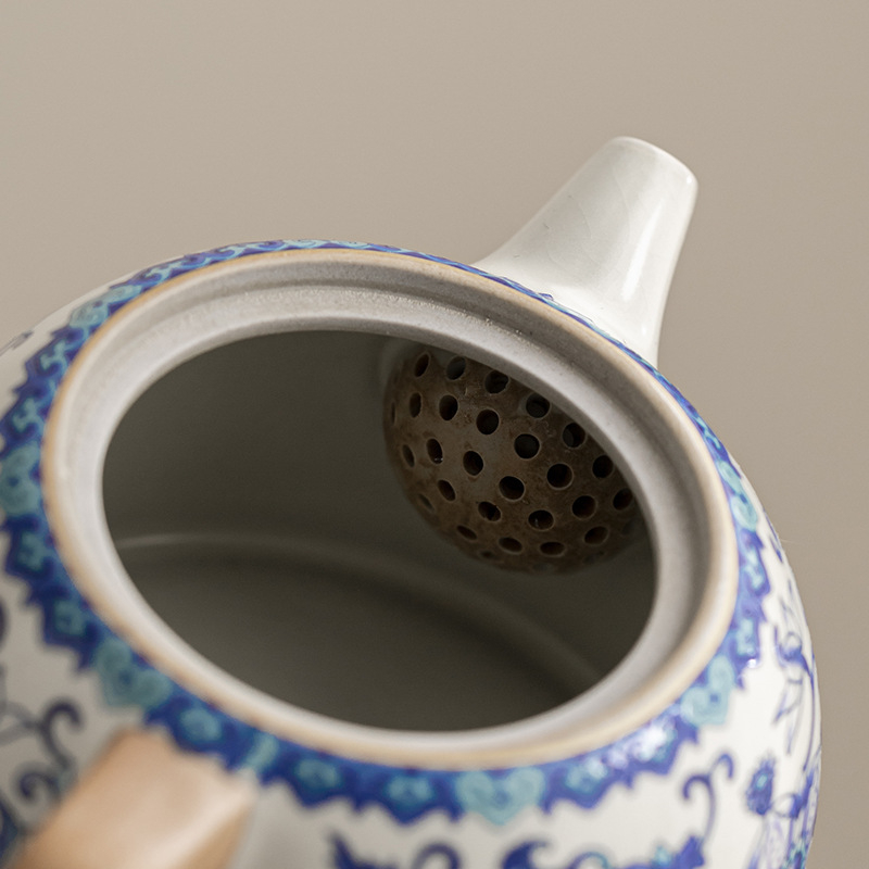 Ceainic Ru kiln în stil antic, pentru casă și birou, motiv lotus albastru și alb, glazură craquelé, set de ceai din porțelan Ru